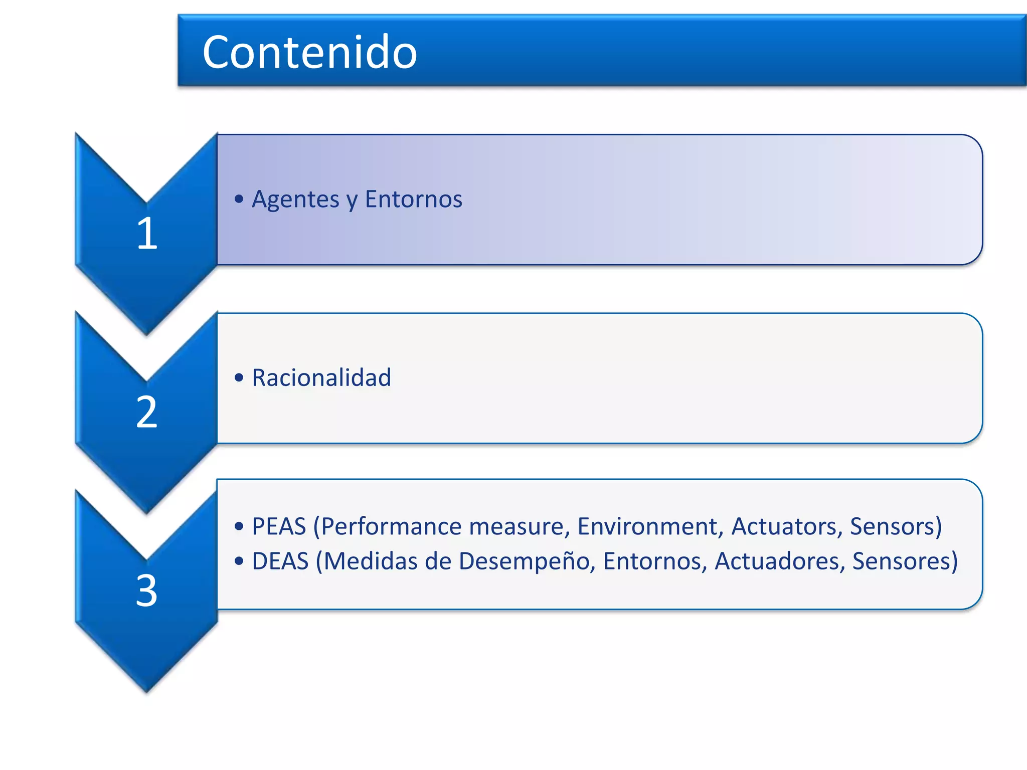 Contenido
1
• Agentes y Entornos
2
• Racionalidad
3
• PEAS (Performance measure, Environment, Actuators, Sensors)
• DEAS (Medidas de Desempeño, Entornos, Actuadores, Sensores)
 