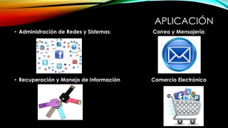 APLICACIÓN 
• Administración de Redes y Sistemas: Correo y Mensajería: 
• Recuperación y Manejo de Información Comercio Electrónico 
 