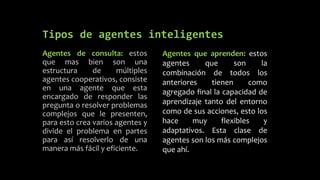 Tipos de agentes inteligentes
Agentes de consulta: estos
que mas bien son una
estructura de múltiples
agentes cooperativos, consiste
en una agente que esta
encargado de responder las
pregunta o resolver problemas
complejos que le presenten,
para esto crea varios agentes y
divide el problema en partes
para así resolverlo de una
manera más fácil y eficiente.
Agentes que aprenden: estos
agentes que son la
combinación de todos los
anteriores tienen como
agregado final la capacidad de
aprendizaje tanto del entorno
como de sus acciones, esto los
hace muy flexibles y
adaptativos. Esta clase de
agentes son los más complejos
que ahí.
 