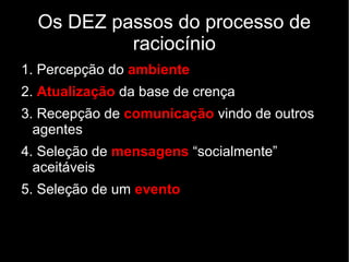 Os DEZ passos do processo de
raciocínio
1. Percepção do ambiente
2. Atualização da base de crença
3. Recepção de comunicação vindo de outros
agentes
4. Seleção de mensagens “socialmente”
aceitáveis
5. Seleção de um evento
 