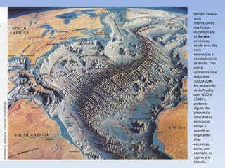 Um dos relevos
mais
interessantes
dos fundos
oceânicos são
as dorsais
oceânicas,
sendo uma das
mais
conhecidas e
estudadas a do
Atlântico. Esta
dorsal
apresenta uma
largura de
1000 a 2000
km, erguendo-
se de fundos
com 4000 a
2500 m,
podendo
alguns dos
picos mais
altos destas
estruturas
atingir a
superfície,
originando
ilhas
oceânicas,
como, por
exemplo, os
Açores e a
Islândia.
 