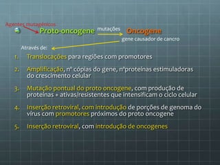 Proto-oncogene Oncogene
1. Translocações para regiões com promotores
2. Amplificação, nº cópias do gene, nºproteínas estimuladoras
do crescimento celular
3. Mutação pontual do proto oncogene, com produção de
proteínas + ativas/resistentes que intensificam o ciclo celular
4. Inserção retroviral, com introdução de porções de genoma do
vírus com promotores próximos do proto oncogene
5. Inserção retroviral, com introdução de oncogenes
mutações
gene causador de cancro
Através de:
Agentes mutagénicos
 