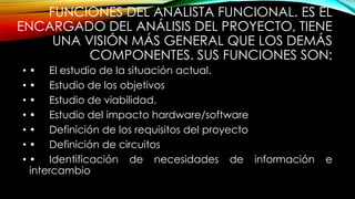 FUNCIONES DEL ANALISTA FUNCIONAL. ES EL
ENCARGADO DEL ANÁLISIS DEL PROYECTO, TIENE
UNA VISIÓN MÁS GENERAL QUE LOS DEMÁS
COMPONENTES. SUS FUNCIONES SON:
• • El estudio de la situación actual.
• • Estudio de los objetivos
• • Estudio de viabilidad.
• • Estudio del impacto hardware/software
• • Definición de los requisitos del proyecto
• • Definición de circuitos
• • Identificación de necesidades de información
intercambio

e

 