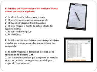 El informe del reconocimiento del ambiente laboral
deberá contener lo siguiente:
a) La identificación del centro de trabajo:
1) El nombre, denominación o razón social;
2) El Registro Federal de Contribuyentes;
3) El área, proceso y puesto de trabajo objeto del
reconocimiento;
4) Su actividad principal, y
5) Su domicilio;
b) La información sobre la(s) sustancia(s) química(s) o
mezclas que se manejen en el centro de trabajo, que
comprenda:
1) El nombre químico, comercial o común de la
sustancia y su número CAS;
2) Las sustancias químicas que componen las mezclas,
en su caso, cuando contengan una cantidad igual o
mayor al 1% de volumen;
 