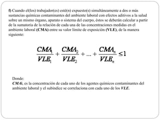 f) Cuando el(los) trabajador(es) esté(n) expuesto(s) simultáneamente a dos o más
sustancias químicas contaminantes del ambiente laboral con efectos aditivos a la salud
sobre un mismo órgano, aparato o sistema del cuerpo, éstos se deberán calcular a partir
de la sumatoria de la relación de cada una de las concentraciones medidas en el
ambiente laboral (CMA) entre su valor límite de exposición (VLE), de la manera
siguiente:
Donde:
CMAi, es la concentración de cada uno de los agentes químicos contaminantes del
ambiente laboral y el subíndice se correlaciona con cada uno de los VLE.
 