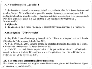 17. Actualización del Apéndice I
17.1 La Secretaría revisará y, en su caso, actualizará, cada dos años, la información contenida
en el Apéndice I Valores límite de exposición a sustancias químicas contaminantes del
ambiente laboral, de acuerdo con los referentes científicos reconocidos a nivel internacional.
Para tales efectos, se estará a lo que dispone la Ley Federal sobre Metrología y
Normalización.
18. Vigilancia
18.1 La vigilancia en el cumplimiento de la presente Norma corresponde a la Secretaría.
19. Bibliografía ( 24 referencias)
19.1 Ley Federal sobre Metrología y Normalización. Última reforma publicada en el Diario
Oficial de la Federación de 9 de abril de 2012.
19.2 NOM-008-SCFI-2002, Sistema general de unidades de medida. Publicada en el Diario
Oficial de la Federación de 27 de noviembre de 2002.
19.3 NMX-Z-12-2-1987, Muestreo para la inspección por atributos - Parte 2: Métodos de
muestreo, tablas y gráficas. Declaratoria de vigencia publicada en el Diario Oficial de la
Federación de 28 de octubre de 1987.
20. Concordancia con normas internacionales
Esta Norma no concuerda con ninguna norma internacional, por no existir referencia alguna
al momento de su elaboración.
 
