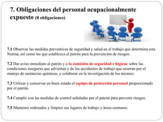 7. Obligaciones del personal ocupacionalmente
expuesto (8 obligaciones)
7.1 Observar las medidas preventivas de seguridad y salud en el trabajo que determina esta
Norma, así como las que establezca el patrón para la prevención de riesgos.
7.2 Dar aviso inmediato al patrón y a la comisión de seguridad e higiene sobre las
condiciones inseguras que adviertan y de los accidentes de trabajo que ocurran por el
manejo de sustancias químicas, y colaborar en la investigación de los mismos.
7.3 Utilizar y conservar en buen estado el equipo de protección personal proporcionado
por el patrón.
7.4 Cumplir con las medidas de control señaladas por el patrón para prevenir riesgos.
7.5 Mantener ordenados y limpios sus lugares de trabajo y áreas comunes.
 