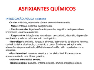 ASFIXIANTES QUÍMICOS
INTOXICAÇÃO AGUDA : cianeto
     Ocular: midríase, edema de córnea, conjuntivite e ceratite.
     - Nasal: irritação, rinorréia, sangramento.
     - Cardiovascular: hipertensão e taquicardia, seguidos de hipotensão e
bradicardia, cianose e arritmias.
     - Respiratório: irritação das vias aéreas, desconforto, dispnéia, depressão
respiratória e edema pulmonar não cardiogênico,
    - Neurológico: cefaléia, fraqueza, síncope, estimulação do sistema nervoso
central, tonteira, alucinação, convulsão e coma. Síndrome extrapiramidal,
alterações de personalidade, déficit de memória têm sido reportados como
sequelas.
    - Gastrintestinal: náuseas, vômitos e dor abdominal. Pode ocorrer o
aparecimento de uma úlcera gástrica.
    - Acidose metabólica severa.
    - Dermatológico: pápulas, eritema extenso, prurido, irritação e ulcera.
 