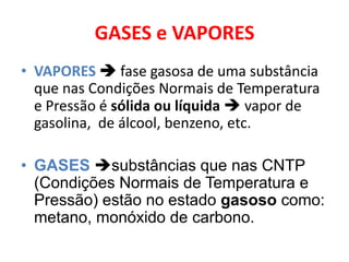 GASES e VAPORES
• VAPORES  fase gasosa de uma substância
  que nas Condições Normais de Temperatura
  e Pressão é sólida ou líquida  vapor de
  gasolina, de álcool, benzeno, etc.

• GASES substâncias que nas CNTP
  (Condições Normais de Temperatura e
  Pressão) estão no estado gasoso como:
  metano, monóxido de carbono.
 
