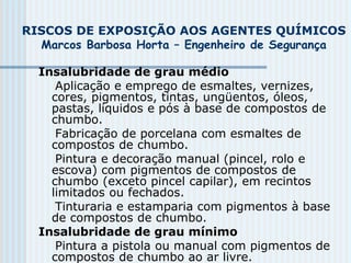 RISCOS DE EXPOSIÇÃO AOS AGENTES QUÍMICOS
Marcos Barbosa Horta – Engenheiro de Segurança
Insalubridade de grau médio
Aplicação e emprego de esmaltes, vernizes,
cores, pigmentos, tintas, ungüentos, óleos,
pastas, líquidos e pós à base de compostos de
chumbo.
Fabricação de porcelana com esmaltes de
compostos de chumbo.
Pintura e decoração manual (pincel, rolo e
escova) com pigmentos de compostos de
chumbo (exceto pincel capilar), em recintos
limitados ou fechados.
Tinturaria e estamparia com pigmentos à base
de compostos de chumbo.
Insalubridade de grau mínimo
Pintura a pistola ou manual com pigmentos de
compostos de chumbo ao ar livre.
 
