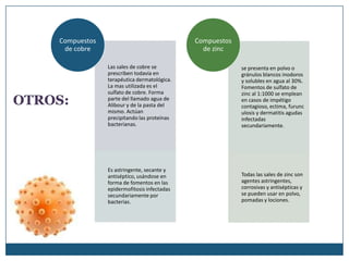 Compuestos                                Compuestos
     de cobre                                   de zinc

                 Las sales de cobre se                     se presenta en polvo o
                 prescriben todavía en                     gránulos blancos inodoros
                 terapéutica dermatológica.                y solubles en agua al 30%.
                 La mas utilizada es el                    Fomentos de sulfato de
                 sulfato de cobre. Forma                   zinc al 1:1000 se emplean
OTROS:           parte del llamado agua de
                 Alibour y de la pasta del
                                                           en casos de impétigo
                                                           contagioso, ectima, furunc
                 mismo. Actúan                             ulosis y dermatitis agudas
                 precipitando las proteínas                infectadas
                 bacterianas.                              secundariamente.




                 Es astringente, secante y
                 antiséptico, usándose en                  Todas las sales de zinc son
                 forma de fomentos en las                  agentes astringentes,
                 epidermofitosis infectadas                corrosivas y antisépticas y
                 secundariamente por                       se pueden usar en polvo,
                 bacterias.                                pomadas y lociones.
 