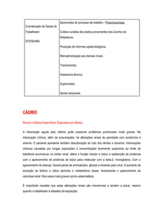 Coordenação de Saúde do
Trabalhador
SVS/SA/MA.
decorrentes do processo de trabalho - Pneumoconiose.
Coleta e análise dos dados provenientes dos Centros de
Referência;
Produção de informes epidemiológicos;
Retroalimentação aos demais níveis;
Treinamentos;
Assessoria técnica;
Supervisões;
Apoiar pesquisas.
CÁDMIO
Riscos e Efeitos Específicos Originados por Metais
A intoxicação aguda pelo cádmio pode ocasionar problemas pulmonares muito graves. Na
intoxicação crônica, além de pneumopatia, há alterações renais de gravidade com proteinúria e
anemia. O paciente apresenta também descoloração do colo dos dentes e anosmia. Intoxicações
crônicas causadas por longas exposições a concentrações levemente superiores ao limite de
tolerância acumula-se no córtex renal, altera a função tubular e reduz a reabsorção de proteínas
com o aparecimento de proteínas de baixo peso molecular com a beta-2- microglobina. Com o
agravamento da doença, haverá perda de aminoácidos, glicose e minerais pela urina. O aumento de
excreção de fósforo e cálcio perturba o metabolismo ósseo, favorecendo o aparecimento de
calculose renal. Nos casos mais graves ocorre osteomalácia.
É importante ressaltar que estas alterações renais são irreversíveis e tendem a piorar, mesmo
quando o trabalhador é afastado da exposição.
 