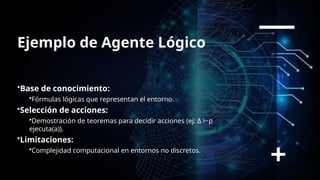 Ejemplo de Agente Lógico
•Base de conocimiento:
•Fórmulas lógicas que representan el entorno.
•Selección de acciones:
•Demostración de teoremas para decidir acciones (ej: Δ ρ
⊢
ejecuta(a)).
•Limitaciones:
•Complejidad computacional en entornos no discretos.
 