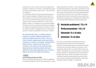 aritmética, así como, breves nociones de agricultura,        etapas (periodo de iniciación – que comprenderá escue-
industria y comercio). Así mismo, la enseñanza primera       las maternales hasta los cuatro años y parvularios de los
se divide en elemental y superior (Art. 1º ley de instruc-   cuatro a los seis años, periodo de enseñanza elemental
ción pública).                                               de los seis a los diez años, periodo de perfeccionamien-
La enseñanza pública primaria será gratuita para los         to de los diez a los doce años, y periodo de iniciación
que no puedan pagarla y obligatoria para todos. En           profesional de los doce a los catorce años), siendo obli-
este sentido, la Ley de instrucción pública determinó        gatoria las dos etapas que comprendían las edades de 6
que la primera enseñanza elemental se dará gratui-           a 12 años (periodos elemental y perfeccionamiento).
tamente en las escuelas públicas a los niños cuyos
padres, tutores o encargados que no puedan pagarla.
Asimismo la primera enseñanza elemental es obligato-                Iniciación profesional / 12 a 14
ria a todos los españoles desde los 6 hasta los 9 años
(en 1909 se amplía la obligatoriedad de la enseñanza                Perfeccionamiento / 10 a 12
primaria a todos los españoles menores de 12 años).
                                                                    Elemental / 6 a 10 años
No está demás hacer un énfasis sobre la
manera de impartir algunas asignaturas
haciendo diferencias entre niño y niña, los
                                                                    Iniciación / 0 a 6 años
niños recibían asignaturas sobre agricultura,
industria y comercio, principios de geometría,               En cuanto a la gratuidad se garantizó para toda la
                                                             etapa primaria pero sólo en los centros públicos.
dibujo lineal y nociones de física, por lo
                                                             En esta ley de educación primaria se situaba la escuela
contrario a las niñas se les sustituía estas
                                                             al servicio de la doctrina católica y de la patria, como
asignaturas por labores propias del sexo,
                                                             preparación del escolar en el camino del servicio de la
elementos de dibujo aplicada a las mismas, y
                                                             cultura o del trabajo, tal como se aprecia en el siguiente
ligeras nociones de higiene doméstica.                       párrafo expuesto en el preámbulo de la Ley referente a
                                                             los ejercicios que se tenían que realizar en la escuela
1945                                                         “práctica de ejercicios adecuados que permite iniciar
Ley de enseña primaria de 1945:
                                                             ya en la misma escuela al futuro agricultor, al pequeño
En la Ley de educación primaria de 1945, se establecía
                                                             industrial al obrero del taller o comerciante”.
la educación hasta los catorce años, graduada en cuatro                                                                   27




                                                                                                  03.01.01
 