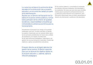 En los centros públicos y concertados se evaluarán
La nueva Ley se basa en la autonomía de las
                                                          los métodos docentes empleados, las estrategias y
escuelas en la construcción de su proyecto                los resultados. Se busca que esto sirva para acreditar
educativo y en el control de calidad por parte            méritos para la promoción profesional del docente.
de la Administración.                                     La dirección podrá intervenir en la evaluación, pero
Apostar por un Servicio de Educación de Ca-               Educación determinará cómo se hará y garantizará el
                                                          derecho de información y audiencia a los afectados.
taluña en el que los centros públicos y concer-
tados participen de los criterios de igualdad,
excelencia y responsabilidad compartida ga-
rantizándoles la suficiencia económica para su
funcionamiento.

Actualmente el principal rol se otorga a la sociedad,
entiéndase como tal, el centro educativo, la familia,
los padres, el alumnado que son quienes deben ejecu-
tar los principios establecidos de mejora de la calidad
de enseñanza y de respeto al profesorado.
Se les dará autonomía pedagógica, organizativa y de
gestión de recursos humanos y materiales. Podrán fijar
objetivos y aplicar procedimientos educativos.



El equipo directivo es el órgano ejecutivo de
gestión de los centros. El director responde
para que se alcancen los objetivos fijados en
el proyecto educativo, y, además, ejerce la
dirección pedagógica.
                                                                                                                   30




                                                                                             03.01.01
 