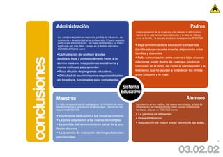 Administración                                                                                                        Padres
                                                                                 La incorporación de la mujer a la vida laboral, la difícil conci-
                                                                                 liación de la vida familiar/laboral/escolar y la falta de diálogo
               Los cambios legislativos marcan la pérdida de influencia, de      entre la familia y la escuela producen los siguientes EFECTOS:
               autonomía y de autoridad en el profesorado. El poco respaldo
               político a la administración, las leyes cambiantes y un marco
               legal cada vez más débil, causan en el ámbito educativo           • Baja conciencia de la educación compartida
               CONSECUENCIAS como:                                               (familia educa>escuela enseña) alejamiento entre
               • La frustración del profesor al verse                            familias y docentes
                                                                                 • Falta comunicación entre padres e hijos (nuevas
conclusiones
               debilitado legal y profesionalmente frente a un
               alumno cada vez más poderoso socialmente y                        relaciones poder dentro de casa que producen
               menos motivado para aprender.                                     confusión en el niño), así como la permisividad y la
               • Poca difusión de programas educativos.                          tolerancia que no ayudan a establecer los límites
               • Dificultad de asumir mayores responsabilidades                  entre lo bueno y lo malo
               sin incentivos, funcionarios poco competentes.

                                                                            Sistema
                                                                           Educativo
               Maestros                                                                                                          Alumnos
               La falta de especialización pedagógica, la limitación de recur-   La violencia en los medios, las nuevas tecnologías, la falta de
               sos económicos y la ausencia de apoyo legal, derivan en los       organización del tiempo familiar, otras nuevas dimensiones
               siguientes EFECTOS:                                               familiares, derivan en EFECTOS como:
                                                                                 • La pérdida de referentes
               • Insuficiente dedicación a los focos de conflicto
                                                                                 • Desensibilización
               • La poca adaptación a las nuevas tecnologías
                                                                                 • Adquisición de mayor poder dentro de las aulas.
               • La pérdida del reconocimiento social de la pro-
               fesión docente
               • La ausencia de evaluación de riesgos laborales
               psicosociales
                                                                                                                                                     43




                                                                                                                         03.02.02
 