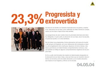 Progresista y
23,3%   extrovertida
        Se trata de una familia con bastante desimplicación de padres y madres
        en la educación de sus hijos, juicio ratificado por ellos mismos en compa-
        ración con los hijos e hijas de las otras familias.

        Los progenitores de este modelo tienen la prioridad vital fuera de la fami-
        lia, delegando, en gran parte, la educación de sus hijos, sea en la escuela,
        en personal auxiliar o en otros familiares.

        Son de ideas muy progresistas, firmes adversarios de la pena de muerte
        y del rechazo al inmigrante, así como defensores de la eutanasia, el abor-
        to y de la legalización de la marihuana. Aparecen al mismo tiempo, más
        laxos y permisivos con determinados comportamientos incívicos, cosa
        que también se refleja en algunos comportamientos negativos de sus pro-
        pios hijos.

        En fin, su alto nivel formativo les impide ver determinados desajustes en
        la educación de sus hijos e hijas, cosa que hace que se muestren descon-
        tentos con la forma como los están educando y con el estilo educativo
        que impera en sus hogares y críticos con la escuela.                           78




                                                              04.05.04
 