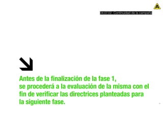 04.07.02 Continuidad de la campaña




Antes de la finalización de la fase 1,
se procederá a la evaluación de la misma con el
fin de verificar las directrices planteadas para
la siguiente fase.                                                84
 