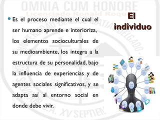 EEll 
iinnddiivviidduuoo 
Es el proceso mediante el cual el 
ser humano aprende e interioriza, 
los elementos socioculturales de 
su medioambiente, los integra a la 
estructura de su personalidad, bajo 
la influencia de experiencias y de 
agentes sociales significativos, y se 
adapta así al entorno social en 
donde debe vivir. 
 