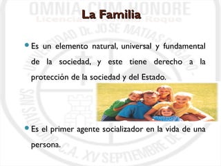 LLaa FFaammiilliiaa 
Es un elemento natural, universal y fundamental 
de la sociedad, y este tiene derecho a la 
protección de la sociedad y del Estado. 
Es el primer agente socializador en la vida de una 
persona. 
 