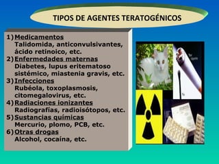TIPOS DE AGENTES TERATOGÉNICOS
1)Medicamentos
Talidomida, anticonvulsivantes,
ácido retinoico, etc.
2)Enfermedades maternas
Diabetes, lupus eritematoso
sistémico, miastenia gravis, etc.
3)Infecciones
Rubéola, toxoplasmosis,
citomegalovirus, etc.
4)Radiaciones ionizantes
Radiografías, radioisótopos, etc.
5)Sustancias químicas
Mercurio, plomo, PCB, etc.
6)Otras drogas
Alcohol, cocaína, etc.
 