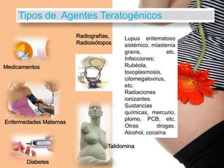 Lupus eritematoso
sistémico, miastenia
gravis, etc.
Infecciones;
Rubéola,
toxoplasmosis,
citomegalovirus,
etc.
Radiaciones
ionizantes.
Sustancias
químicas, mercurio,
plomo, PCB, etc.
Otras drogas.
Alcohol, cocaína
Medicamentos
Diabetes
Enfermedades Maternas
Talidomina
Radiografías,
Radioisótopos
Tipos de Agentes Teratogénicos
 