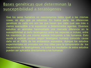 Que los seres humanos no reaccionamos todos igual a las mismas
cosas, es algo que ya sabemos. En buena parte, las diferencias
genéticas de cada uno son las que hacen que cada cual sea más o
menos susceptible a la exposición a determinados agentes. Diversos
estudios en animales hanmostrado una marcada diferencia en la
susceptibilidad al daño teratogénico entre las especies e incluso, entre
los miembros de una misma especie incluyendo a los humanos. Esto
ayuda a explicar porque ningún teratógeno humano conocido causa
daño en el 100% de los embarazos expuestos. Aunque los estudios
experimentales en animales son muy útiles para la comprensión de los
mecanismos de teratogénesis, no todos los resultados de estos estudios
pueden ser aplicados directamente a los humanos
 