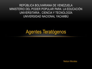 Agentes Teratógenos
Nelson Morales
REPÚBLICA BOLIVARIANA DE VENEZUELA
MINISTERIO DEL PODER POPULAR PARA LA EDUCACIÓN
UNIVERSITARIA , CIENCIA Y TECNOLOGÍA
UNIVERSIDAD NACIONAL YACAMBÚ
 