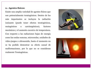 2.- Agentes físicos:
Existe una amplia variedad de agentes físicos que
son potencialmente teratogénicos. Dentro de los
más importantes se incluyen la radiación
ionizante (puede tener efectos teratogénicos,
mutagénicos o carcinogénicos), factores
mecánicos y el aumento excesivo de temperatura.
Con respecto a las radiaciones bajas de energía
como las ondas sonoras, microondas, unidades de
video-juegos o ultrasonido, hasta el momento no
se ha podido demostrar su efecto causal de
malformaciones, por lo que no se consideran
realmente Teratogénicas.
 