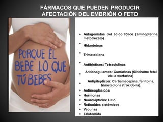 • Antagonistas del ácido fólico (aminopterina,
matotrexato)
•
Hidantoínas
•
Trimetadiona
•
Antibióticos: Tetraciclinas
•
Anticoagulantes: Cumarinas (Síndrome fetal
de la warfarina)
•
Antipilepticos: Carbamacepina, fenitoina,
trimetadiona (troxidona).
• Antineoplasicos
• Hormonas
• Neurolépticos: Litio
• Retinoides sistémicos
• Vacunas
• Talidomida
FÁRMACOS QUE PUEDEN PRODUCIR
AFECTACIÓN DEL EMBRIÓN O FETO
 