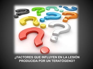 ¿FACTORES QUE INFLUYEN EN LA LESIÓN
PRODUCIDA POR UN TERATÓGENO?
 