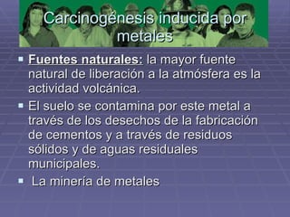 Carcinogénesis inducida por metales Fuentes naturales:  la mayor fuente natural de liberación a la atmósfera es la actividad volcánica.  El suelo se contamina por este metal a través de los desechos de la fabricación de cementos y a través de residuos sólidos y de aguas residuales municipales. La minería de metales  