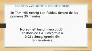 AGENTES VASOACTIVOS E INOTROPICOS
En TAM <65 mmHg con fluidos, dentro de los
primeros 30 minutos
Norepinefrina primera opción
en dosis de 1 a 30mcg/min ó
0.02 a 3mcg/kg/min. 6%
taquiarritmias.
Vasopresina: su aplicación en anestesiología. Revista Mexicana de Anestesiología. 2019. Colegio Mexicano de Anestesiología,
 