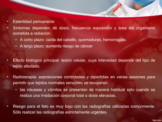• Esterilidad permanente
• Síntomas dependen de dosis, frecuencia exposición y área del organismo
sometida a radiación.
– A corto plazo: caída del cabello, quemaduras, hemorragias.
– A largo plazo: aumento riesgo de cáncer
• Efecto biológico principal: lesión celular, cuya intensidad depende del tipo de
tejido afectado.
• Radioterapia: exposiciones controladas y repartidas en varias sesiones para
permitir que tejidos normales sensibles se recuperen.
– las náuseas y vómitos se presentan de manera habitual sólo cuando se
realiza una irradiación corporal total a dosis elevadas.
• Riesgo para el feto es muy bajo con las radiografías utilizadas comúnmente.
Sólo realizar las radiografías estrictamente urgentes.
 