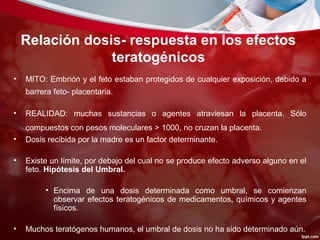 Relación dosis- respuesta en los efectos
teratogénicos
• MITO: Embrión y el feto estaban protegidos de cualquier exposición, debido a
barrera feto- placentaria.
• REALIDAD: muchas sustancias o agentes atraviesan la placenta. Sólo
compuestos con pesos moleculares > 1000, no cruzan la placenta.
• Dosis recibida por la madre es un factor determinante.
• Existe un límite, por debajo del cual no se produce efecto adverso alguno en el
feto. Hipótesis del Umbral.
• Encima de una dosis determinada como umbral, se comienzan
observar efectos teratogénicos de medicamentos, químicos y agentes
físicos.
• Muchos teratógenos humanos, el umbral de dosis no ha sido determinado aún.
 