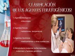 1-Agentes Biológicos
-infecciosos
2-Agentes físicos
-radiaciones, temperatura
3-Agentes Químicos
-medicamentos y otras sustancias
4-Metabolismo maternal (enfermedades
maternas) y factores genéticos.
 