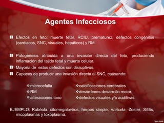 Efectos en feto: muerte fetal, RCIU, prematurez, defectos congénitos
(cardiacos, SNC, visuales, hepáticos) y RM.
Patogenesis atribuida a una invasión directa del feto, produciendo
inflamación del tejido fetal y muerte celular.
Mayoria de estos defectos son disruptivos.
Capaces de producir una invasión directa al SNC, causando:
microcefalia calcificaciones cerebrales
RM desórdenes desarrollo motor
alteraciones tono defectos visuales y/o auditivas.
EJEMPLO: Rubéola, citomegalovirus, herpes simple, Varicela -Zoster, Sífilis,
micoplasmas y toxoplasma.
Agentes Infecciosos
 
