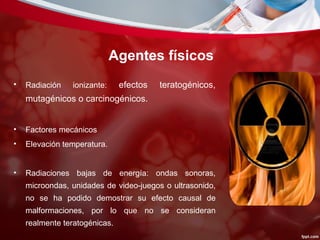 Agentes físicos
• Radiación ionizante: efectos teratogénicos,
mutagénicos o carcinogénicos.
• Factores mecánicos
• Elevación temperatura.
• Radiaciones bajas de energía: ondas sonoras,
microondas, unidades de video-juegos o ultrasonido,
no se ha podido demostrar su efecto causal de
malformaciones, por lo que no se consideran
realmente teratogénicas.
 