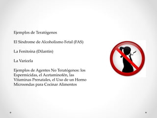Ejemplos de Teratógenos
El Síndrome de Alcoholismo Fetal (FAS)
La Fenitoína (Dilantin)
La Varicela
Ejemplos de Agentes No Teratógenos: los
Espermicidas, el Acetaminofén, las
Vitaminas Prenatales, el Uso de un Horno
Microondas para Cocinar Alimentos
 