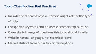 Topic Classiﬁcation Best Practices
● Include the diﬀerent ways customers might ask for this type
of help
● List speciﬁc keywords and phrases customers typically use
● Cover the full range of questions this topic should handle
● Write in natural language, not technical terms
● Make it distinct from other topics’ descriptions
 