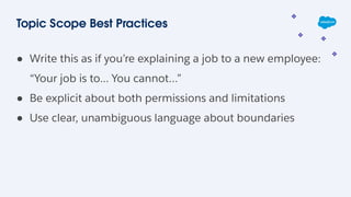 Topic Scope Best Practices
● Write this as if you’re explaining a job to a new employee:
“Your job is to... You cannot…”
● Be explicit about both permissions and limitations
● Use clear, unambiguous language about boundaries
 