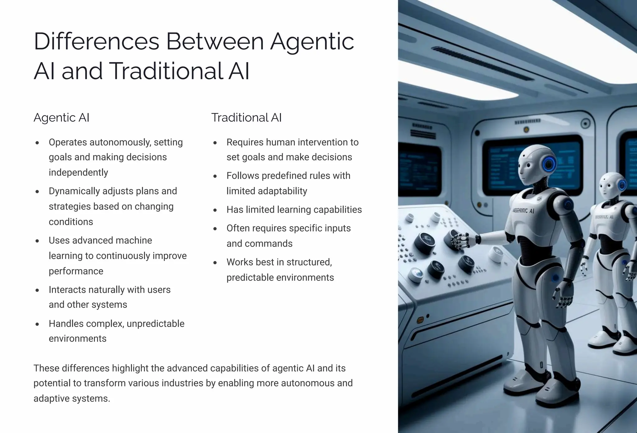 Differences Between Agentic
AI and Traditional AI
Agentic AI
Operates autonomously, setting
goals and making decisions
independently
Dynamically adjusts plans and
strategies based on changing
conditions
Uses advanced machine
learning to continuously improve
performance
Interacts naturally with users
and other systems
Handles complex, unpredictable
environments
Traditional AI
Requires human intervention to
set goals and make decisions
Follows predefined rules with
limited adaptability
Has limited learning capabilities
Often requires specific inputs
and commands
Works best in structured,
predictable environments
These differences highlight the advanced capabilities of agentic AI and its
potential to transform various industries by enabling more autonomous and
adaptive systems.
 