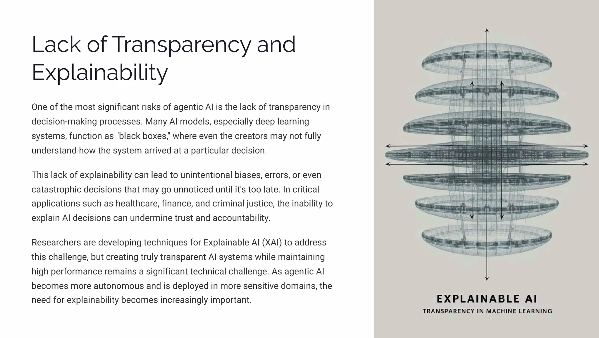 Lack of Transparency and
Explainability
One of the most significant risks of agentic AI is the lack of transparency in
decision-making processes. Many AI models, especially deep learning
systems, function as "black boxes," where even the creators may not fully
understand how the system arrived at a particular decision.
This lack of explainability can lead to unintentional biases, errors, or even
catastrophic decisions that may go unnoticed until it's too late. In critical
applications such as healthcare, finance, and criminal justice, the inability to
explain AI decisions can undermine trust and accountability.
Researchers are developing techniques for Explainable AI (XAI) to address
this challenge, but creating truly transparent AI systems while maintaining
high performance remains a significant technical challenge. As agentic AI
becomes more autonomous and is deployed in more sensitive domains, the
need for explainability becomes increasingly important.
 