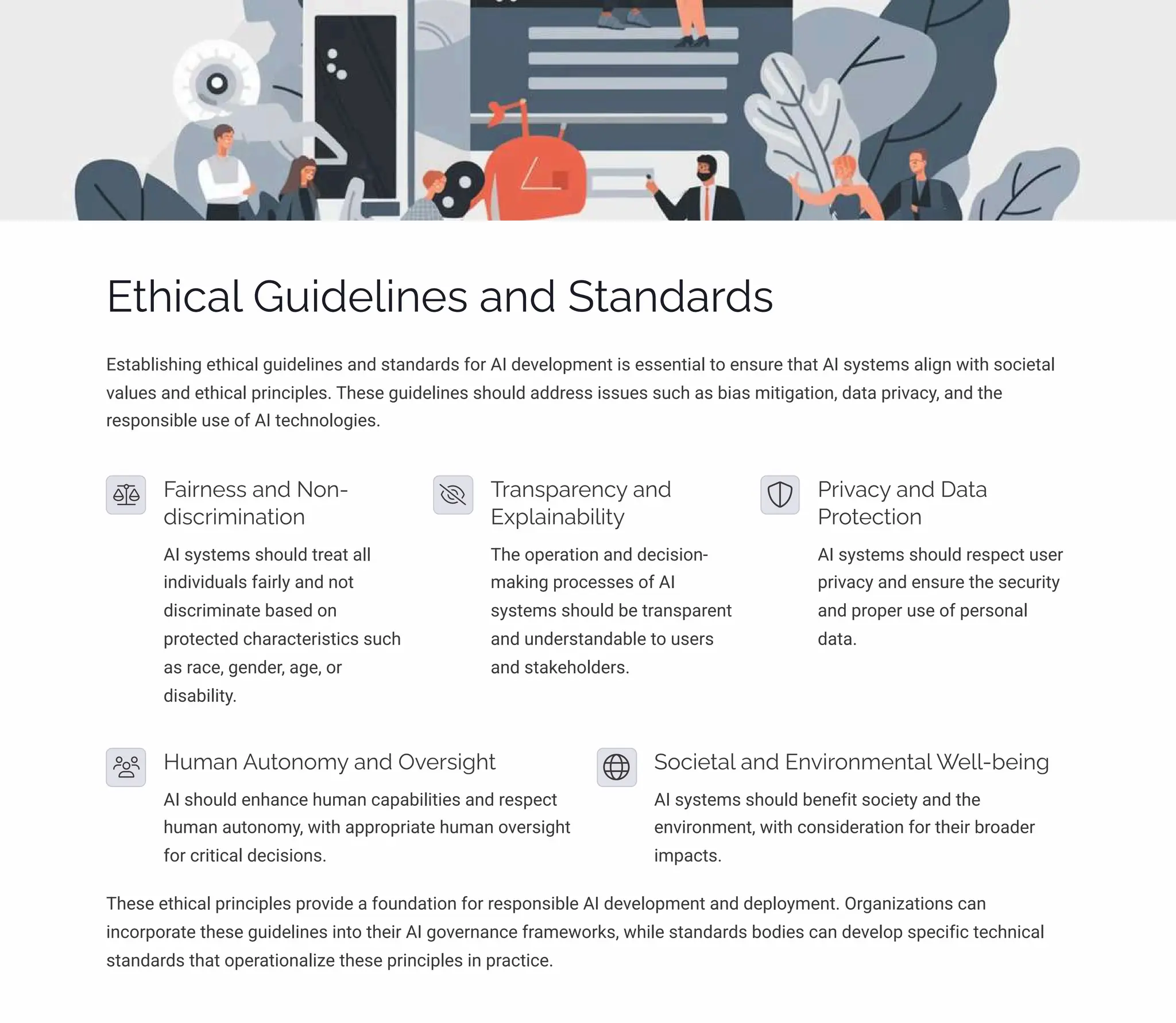 Ethical Guidelines and Standards
Establishing ethical guidelines and standards for AI development is essential to ensure that AI systems align with societal
values and ethical principles. These guidelines should address issues such as bias mitigation, data privacy, and the
responsible use of AI technologies.
Fairness and Non-
discrimination
AI systems should treat all
individuals fairly and not
discriminate based on
protected characteristics such
as race, gender, age, or
disability.
Transparency and
Explainability
The operation and decision-
making processes of AI
systems should be transparent
and understandable to users
and stakeholders.
Privacy and Data
Protection
AI systems should respect user
privacy and ensure the security
and proper use of personal
data.
Human Autonomy and Oversight
AI should enhance human capabilities and respect
human autonomy, with appropriate human oversight
for critical decisions.
Societal and Environmental Well-being
AI systems should benefit society and the
environment, with consideration for their broader
impacts.
These ethical principles provide a foundation for responsible AI development and deployment. Organizations can
incorporate these guidelines into their AI governance frameworks, while standards bodies can develop specific technical
standards that operationalize these principles in practice.
 
