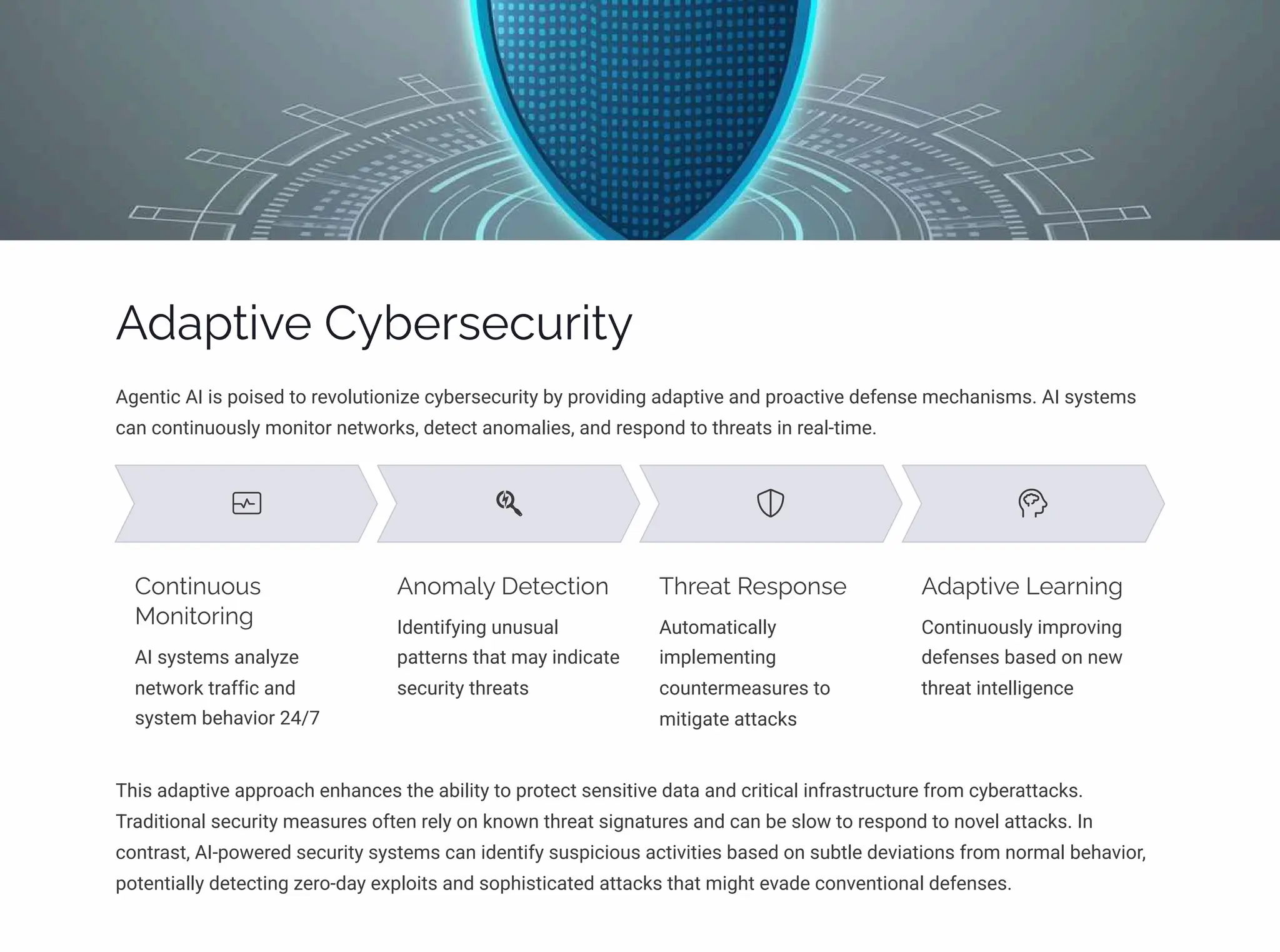 Adaptive Cybersecurity
Agentic AI is poised to revolutionize cybersecurity by providing adaptive and proactive defense mechanisms. AI systems
can continuously monitor networks, detect anomalies, and respond to threats in real-time.
Continuous
Monitoring
AI systems analyze
network traffic and
system behavior 24/7
Anomaly Detection
Identifying unusual
patterns that may indicate
security threats
Threat Response
Automatically
implementing
countermeasures to
mitigate attacks
Adaptive Learning
Continuously improving
defenses based on new
threat intelligence
This adaptive approach enhances the ability to protect sensitive data and critical infrastructure from cyberattacks.
Traditional security measures often rely on known threat signatures and can be slow to respond to novel attacks. In
contrast, AI-powered security systems can identify suspicious activities based on subtle deviations from normal behavior,
potentially detecting zero-day exploits and sophisticated attacks that might evade conventional defenses.
 