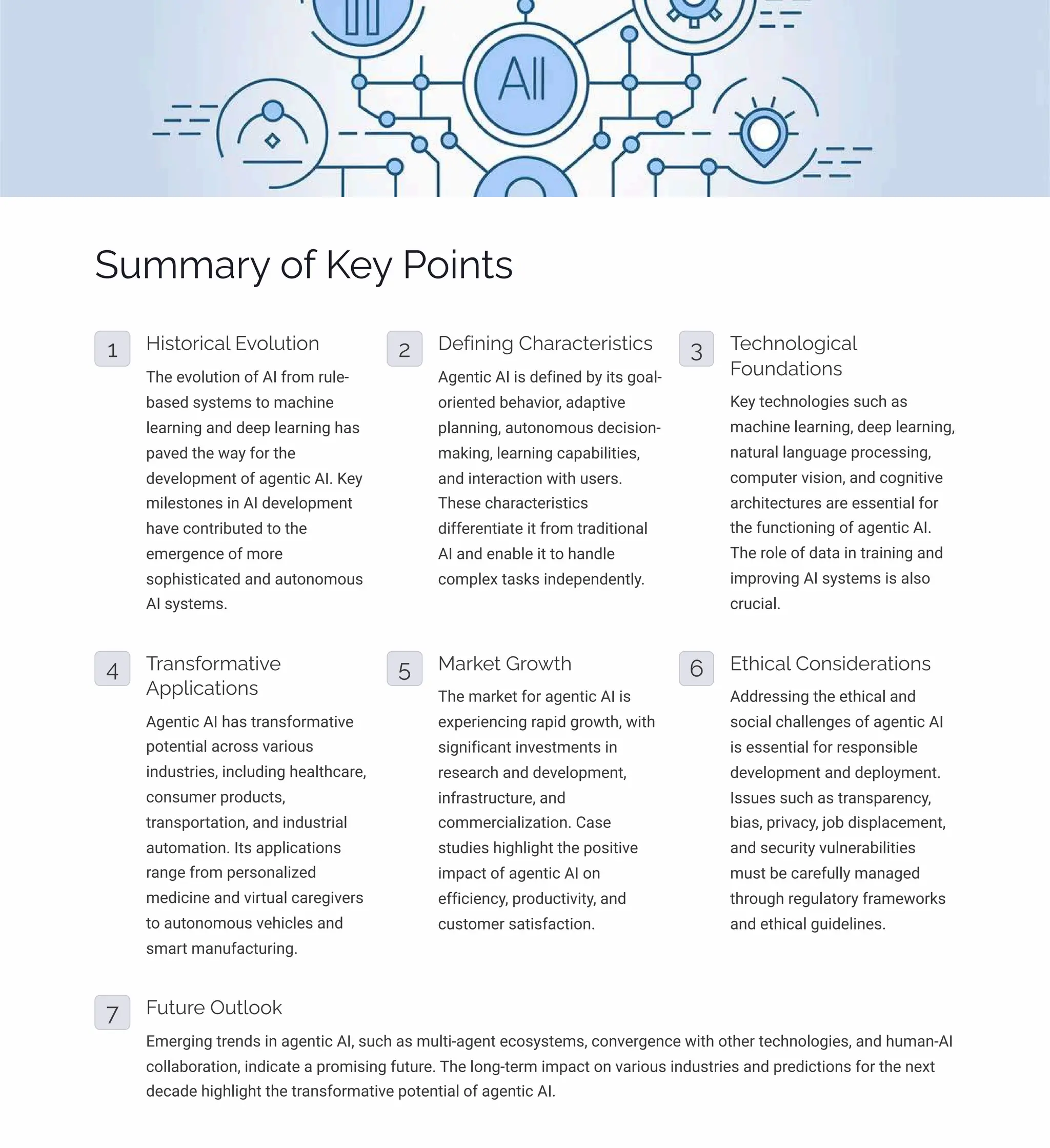 Summary of Key Points
1 Historical Evolution
The evolution of AI from rule-
based systems to machine
learning and deep learning has
paved the way for the
development of agentic AI. Key
milestones in AI development
have contributed to the
emergence of more
sophisticated and autonomous
AI systems.
2 Defining Characteristics
Agentic AI is defined by its goal-
oriented behavior, adaptive
planning, autonomous decision-
making, learning capabilities,
and interaction with users.
These characteristics
differentiate it from traditional
AI and enable it to handle
complex tasks independently.
3 Technological
Foundations
Key technologies such as
machine learning, deep learning,
natural language processing,
computer vision, and cognitive
architectures are essential for
the functioning of agentic AI.
The role of data in training and
improving AI systems is also
crucial.
4 Transformative
Applications
Agentic AI has transformative
potential across various
industries, including healthcare,
consumer products,
transportation, and industrial
automation. Its applications
range from personalized
medicine and virtual caregivers
to autonomous vehicles and
smart manufacturing.
5 Market Growth
The market for agentic AI is
experiencing rapid growth, with
significant investments in
research and development,
infrastructure, and
commercialization. Case
studies highlight the positive
impact of agentic AI on
efficiency, productivity, and
customer satisfaction.
6 Ethical Considerations
Addressing the ethical and
social challenges of agentic AI
is essential for responsible
development and deployment.
Issues such as transparency,
bias, privacy, job displacement,
and security vulnerabilities
must be carefully managed
through regulatory frameworks
and ethical guidelines.
7 Future Outlook
Emerging trends in agentic AI, such as multi-agent ecosystems, convergence with other technologies, and human-AI
collaboration, indicate a promising future. The long-term impact on various industries and predictions for the next
decade highlight the transformative potential of agentic AI.
 