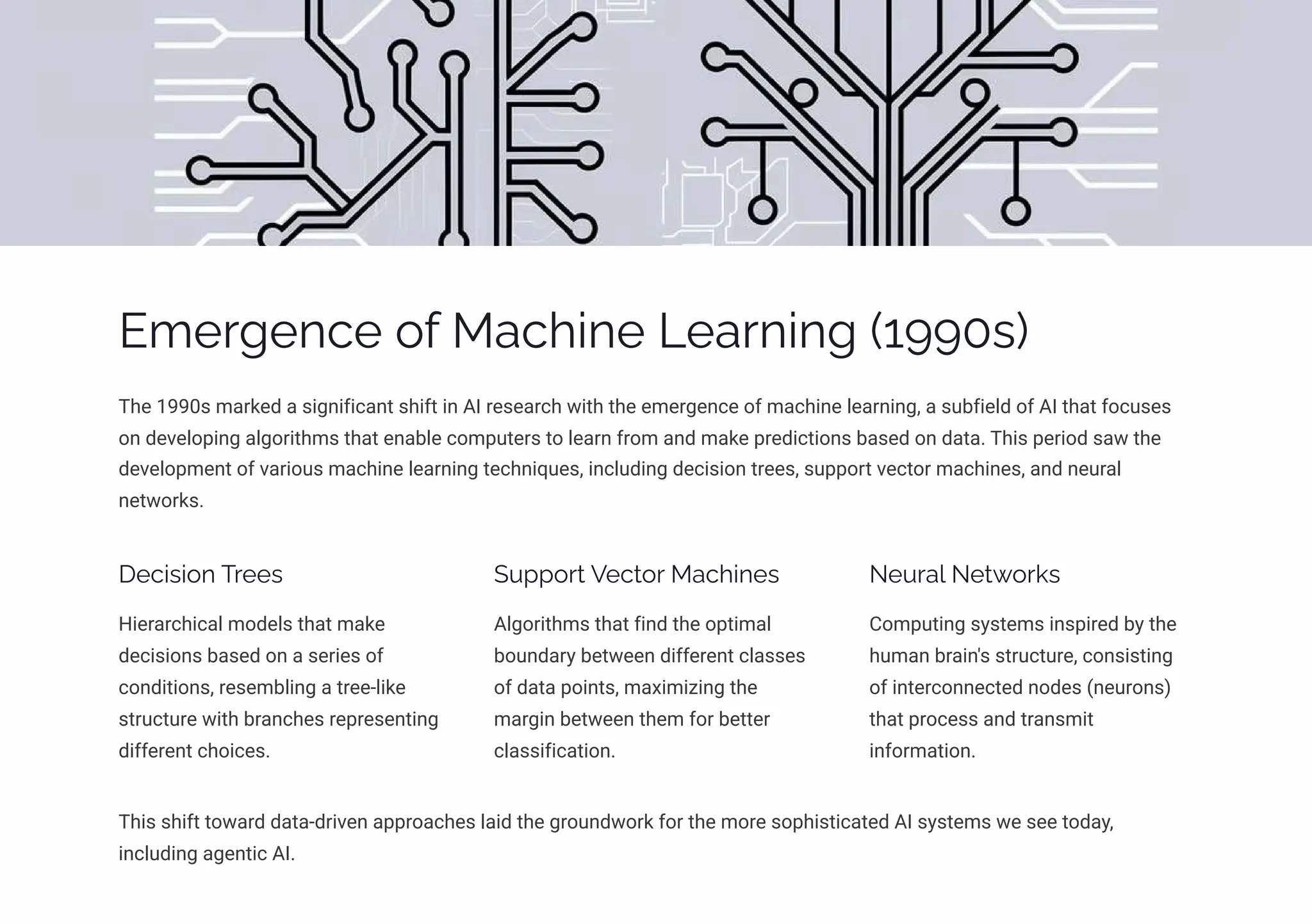 Emergence of Machine Learning (1990s)
The 1990s marked a significant shift in AI research with the emergence of machine learning, a subfield of AI that focuses
on developing algorithms that enable computers to learn from and make predictions based on data. This period saw the
development of various machine learning techniques, including decision trees, support vector machines, and neural
networks.
Decision Trees
Hierarchical models that make
decisions based on a series of
conditions, resembling a tree-like
structure with branches representing
different choices.
Support Vector Machines
Algorithms that find the optimal
boundary between different classes
of data points, maximizing the
margin between them for better
classification.
Neural Networks
Computing systems inspired by the
human brain's structure, consisting
of interconnected nodes (neurons)
that process and transmit
information.
This shift toward data-driven approaches laid the groundwork for the more sophisticated AI systems we see today,
including agentic AI.
 