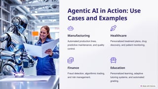 Agentic AI in Action: Use
Cases and Examples
Manufacturing
Automated production lines,
predictive maintenance, and quality
control.
Healthcare
Personalized treatment plans, drug
discovery, and patient monitoring.
Finance
Fraud detection, algorithmic trading,
and risk management.
Education
Personalized learning, adaptive
tutoring systems, and automated
grading.
 