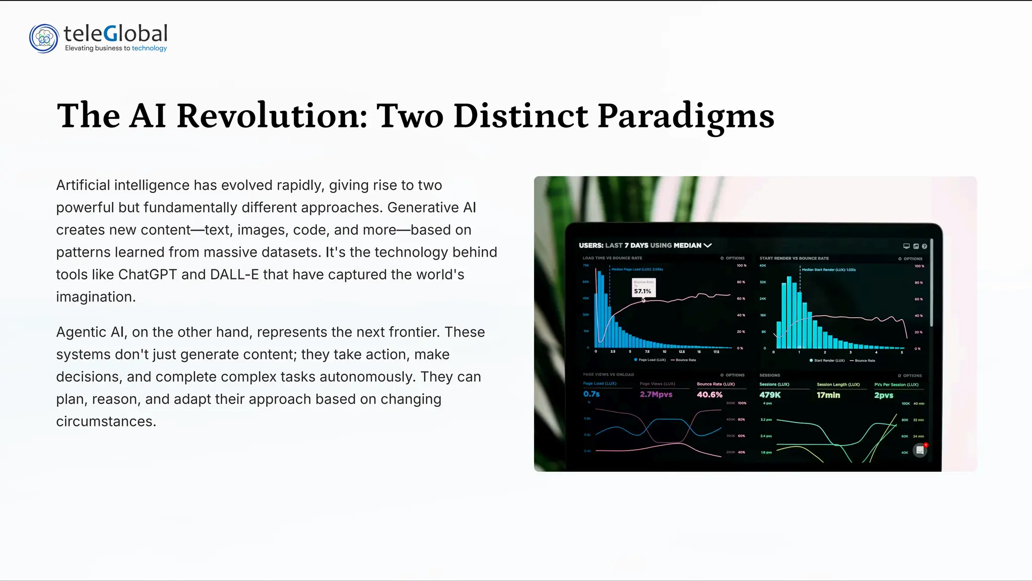 The AI Revolution: Two Distinct Paradigms
Artificial intelligence has evolved rapidly, giving rise to two
powerful but fundamentally different approaches. Generative AI
creates new content4text, images, code, and more4based on
patterns learned from massive datasets. It's the technology behind
tools like ChatGPT and DALL-E that have captured the world's
imagination.
Agentic AI, on the other hand, represents the next frontier. These
systems don't just generate content; they take action, make
decisions, and complete complex tasks autonomously. They can
plan, reason, and adapt their approach based on changing
circumstances.
 