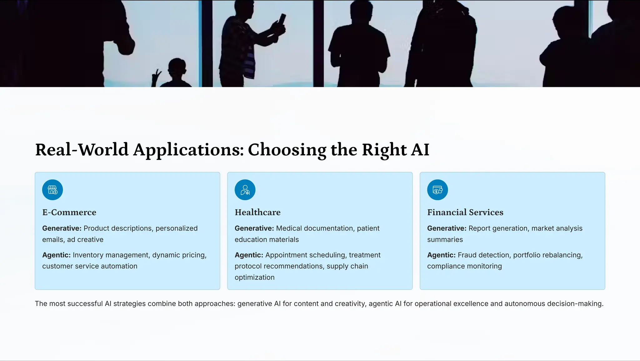 Real-World Applications: Choosing the Right AI
E-Commerce
Generative: Product descriptions, personalized
emails, ad creative
Agentic: Inventory management, dynamic pricing,
customer service automation
Healthcare
Generative: Medical documentation, patient
education materials
Agentic: Appointment scheduling, treatment
protocol recommendations, supply chain
optimization
Financial Services
Generative: Report generation, market analysis
summaries
Agentic: Fraud detection, portfolio rebalancing,
compliance monitoring
The most successful AI strategies combine both approaches: generative AI for content and creativity, agentic AI for operational excellence and autonomous decision-making.
 
